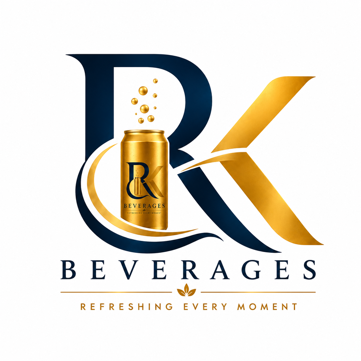 RK Beverages premium logo featuring a black R and gold K with a metallic gold beverage can, bubbles, and the tagline “Refreshing Every Moment” on a white background.