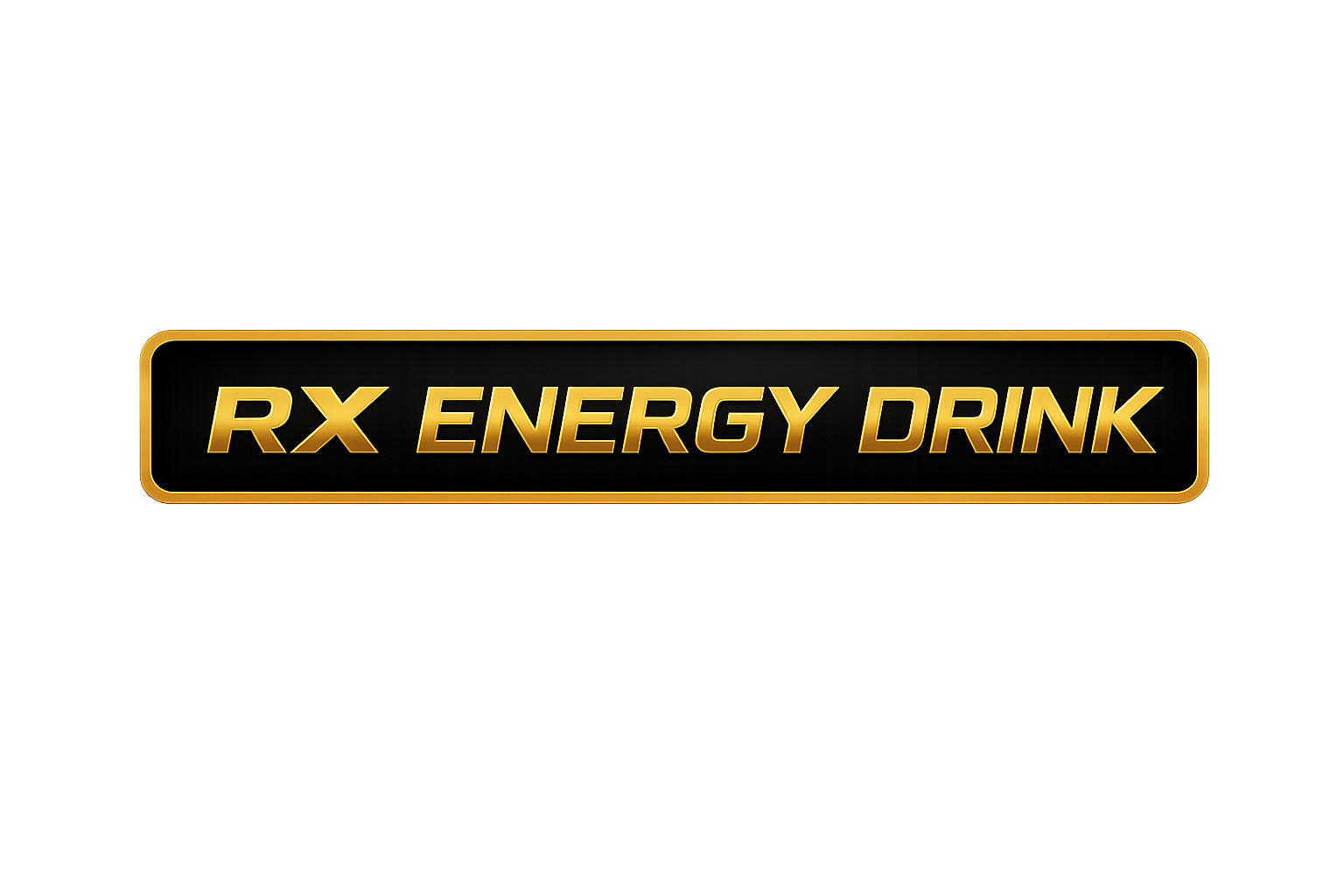 RX Energy Drink premium black and gold logo banner PNG with metallic gold text on a luxury black rectangular strip, transparent background for energy drink branding and website design.