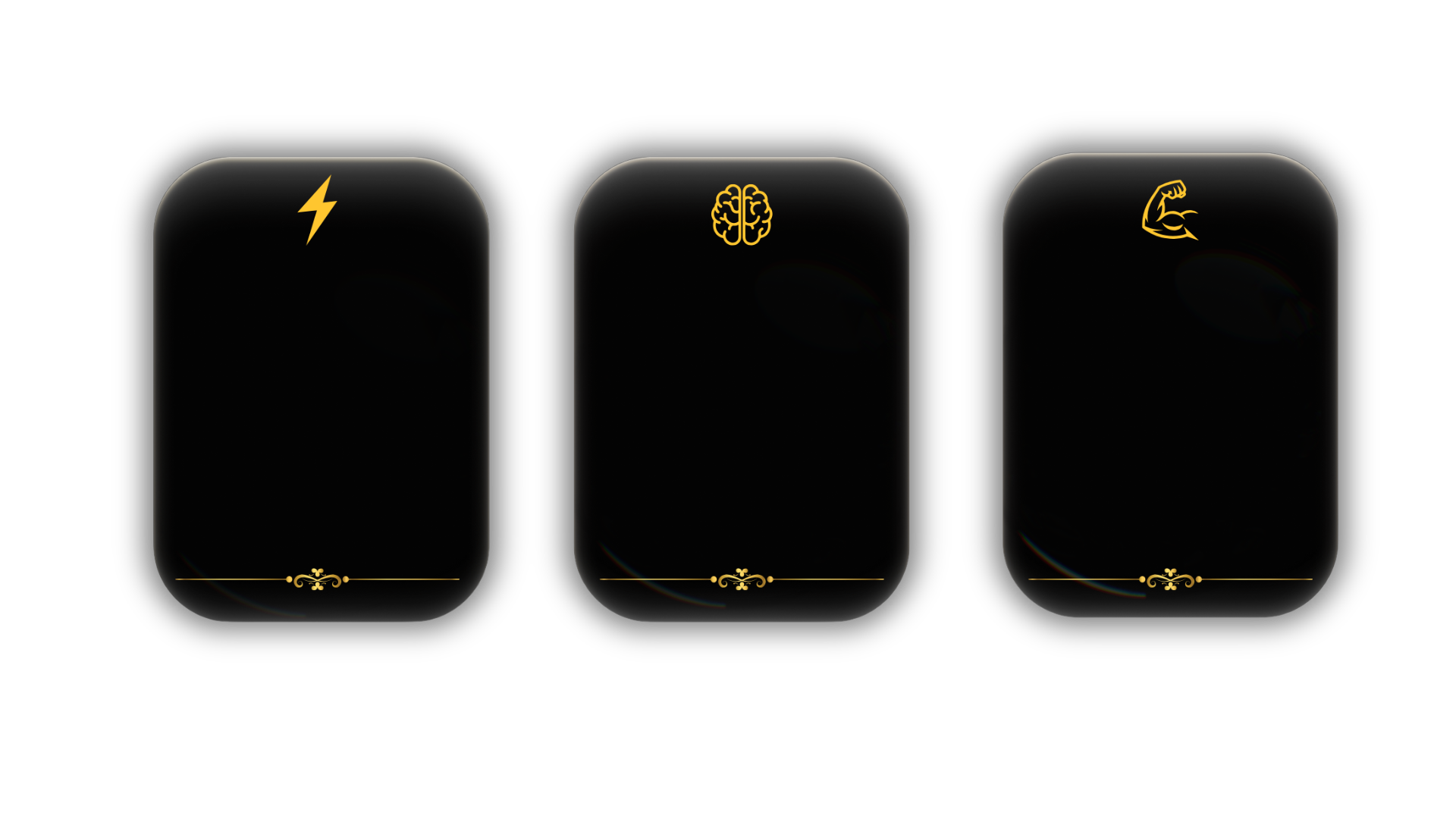 Three transparent premium glassmorphism feature cards with gold energy, focus, and strength icons, designed for the RX Energy website.